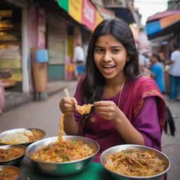 An Indian teenage girl in colorful traditional attire delightfully eating spicy street noodles with a uniquely Indian twist, surrounded by an atmospheric Indian bazaar filled with vibrant colors and spices.