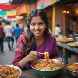 An Indian teenage girl in colorful traditional attire delightfully eating spicy street noodles with a uniquely Indian twist, surrounded by an atmospheric Indian bazaar filled with vibrant colors and spices.