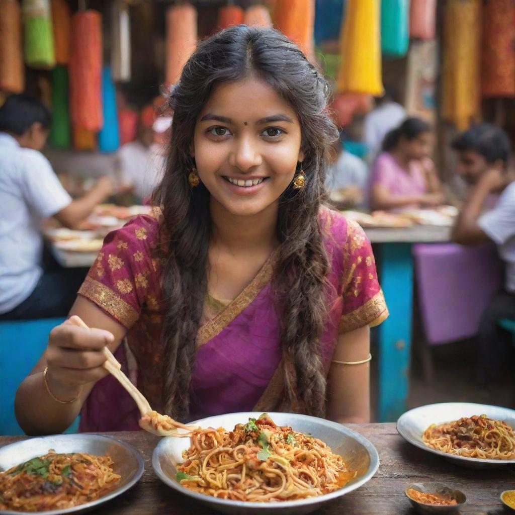 An Indian teenage girl in colorful traditional attire delightfully eating spicy street noodles with a uniquely Indian twist, surrounded by an atmospheric Indian bazaar filled with vibrant colors and spices.