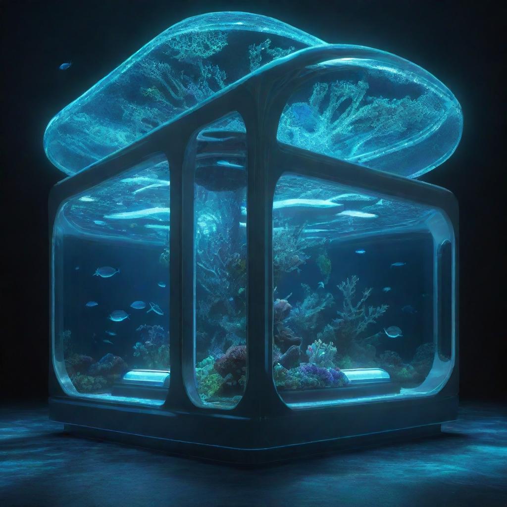 Visualize the most advanced technology in a seapunk world. It's an advanced subaquatic device, with bio-luminescent lighting, a network of coral-like structures for navigation and uses the inherent powers of the ocean to function.