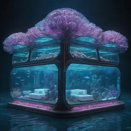 Visualize the most advanced technology in a seapunk world. It's an advanced subaquatic device, with bio-luminescent lighting, a network of coral-like structures for navigation and uses the inherent powers of the ocean to function.