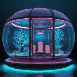 Visualize the most advanced technology in a seapunk world. It's an advanced subaquatic device, with bio-luminescent lighting, a network of coral-like structures for navigation and uses the inherent powers of the ocean to function.