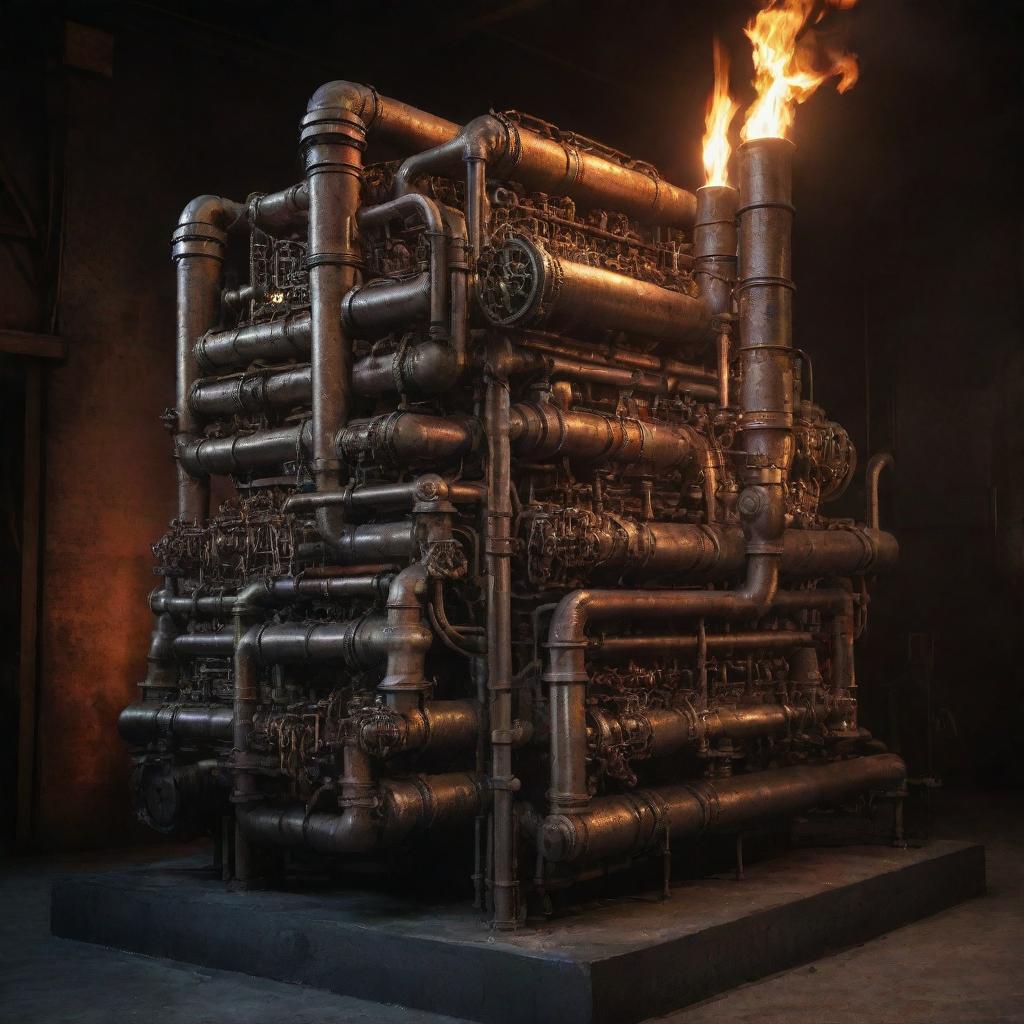 Create an image showcasing firepunk's most advanced technology. It could be a massive, archaic combustion engine, its insides glowing with fierce fire; bronze pipes, pressure valves and coal-blackened chains driving complex mechanics underscored by a pyrokinetic power.