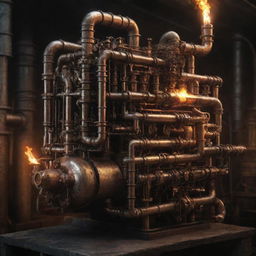 Create an image showcasing firepunk's most advanced technology. It could be a massive, archaic combustion engine, its insides glowing with fierce fire; bronze pipes, pressure valves and coal-blackened chains driving complex mechanics underscored by a pyrokinetic power.