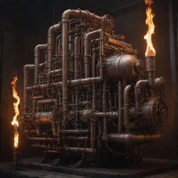 Create an image showcasing firepunk's most advanced technology. It could be a massive, archaic combustion engine, its insides glowing with fierce fire; bronze pipes, pressure valves and coal-blackened chains driving complex mechanics underscored by a pyrokinetic power.