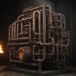 Create an image showcasing firepunk's most advanced technology. It could be a massive, archaic combustion engine, its insides glowing with fierce fire; bronze pipes, pressure valves and coal-blackened chains driving complex mechanics underscored by a pyrokinetic power.