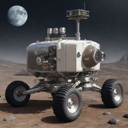 Create an image showcasing the most advanced technology in a moonpunk world. It's a sophisticated lunar rover, equipped with high-tech sensors, solar panels, and articulated wheels, capable of traversing the bleak moon terrain while collecting valuable scientific data.