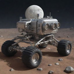 Create an image showcasing the most advanced technology in a moonpunk world. It's a sophisticated lunar rover, equipped with high-tech sensors, solar panels, and articulated wheels, capable of traversing the bleak moon terrain while collecting valuable scientific data.