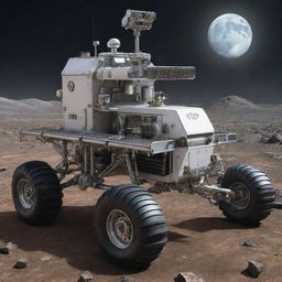 Create an image showcasing the most advanced technology in a moonpunk world. It's a sophisticated lunar rover, equipped with high-tech sensors, solar panels, and articulated wheels, capable of traversing the bleak moon terrain while collecting valuable scientific data.