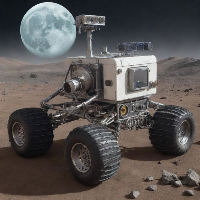 Create an image showcasing the most advanced technology in a moonpunk world. It's a sophisticated lunar rover, equipped with high-tech sensors, solar panels, and articulated wheels, capable of traversing the bleak moon terrain while collecting valuable scientific data.