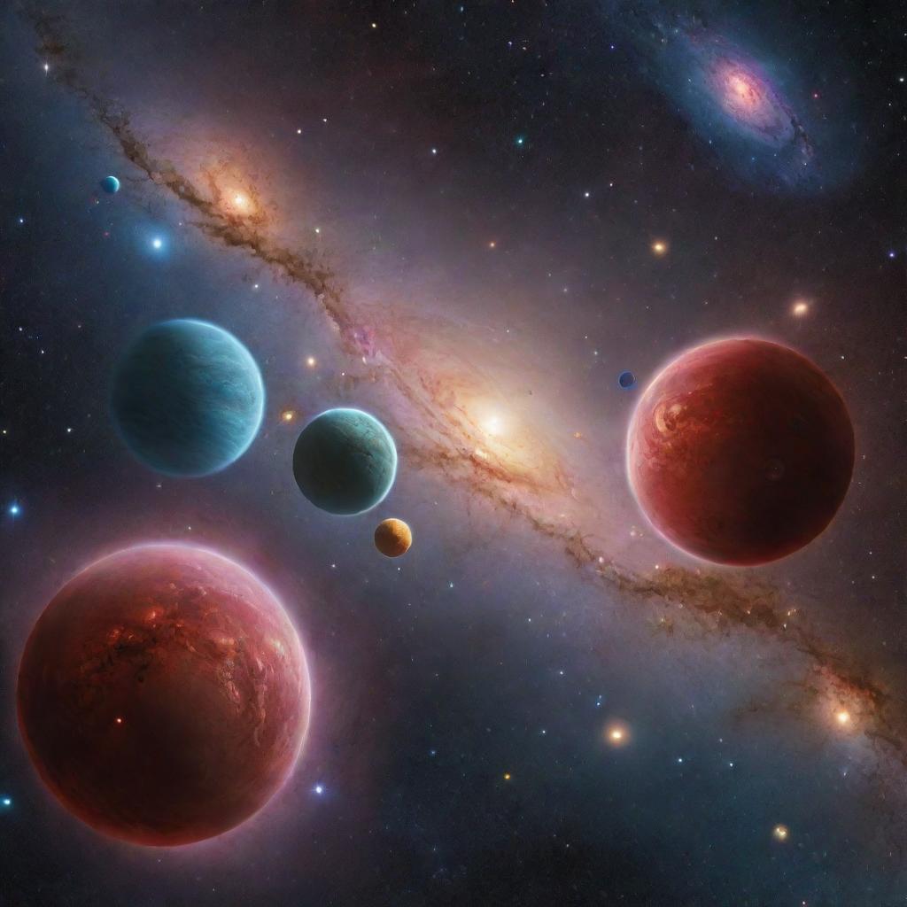 A vibrant galaxy filled with various-sized planets, stars twinkling in the background, nebulas adding an array of colors, and celestial bodies orbiting around.