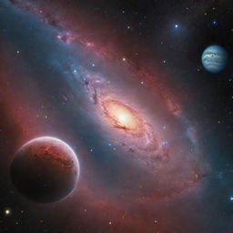 A vibrant galaxy filled with various-sized planets, stars twinkling in the background, nebulas adding an array of colors, and celestial bodies orbiting around.