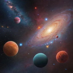 A vibrant galaxy filled with various-sized planets, stars twinkling in the background, nebulas adding an array of colors, and celestial bodies orbiting around.