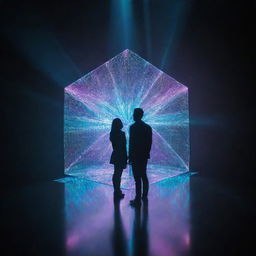 Envision an image showcasing the most advanced technology in a lightpunk world. It would be a radiant device composed of refractive and reflective materials, manipulating light in fascinating ways, able to project holographic displays and create mesmerizing light shows.