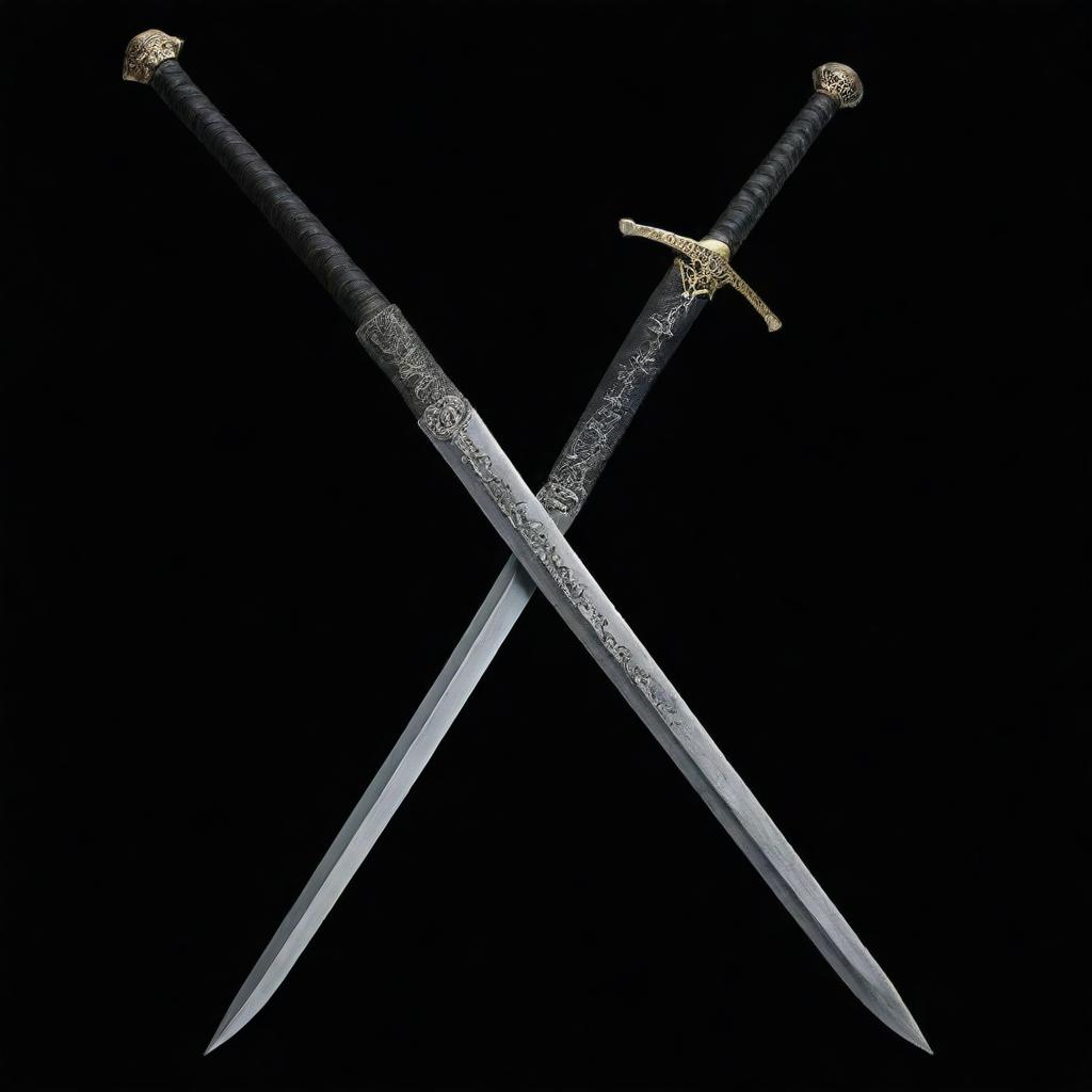 On a black background, two Nichirin swords cross to form an 'X'. At the intersection of the swords, the words 'Demon Slayer' are boldly inscribed.