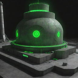 Visualize the most advanced technology in a nuclearpunk world. It would be a colossal nuclear reactor, glowing green with nuclear energy. Elements include concrete structures, pulsating isotopes, complex control systems, and heavy protective shielding to contain the radioactive materials.