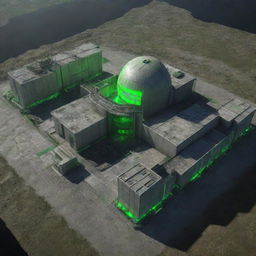 Visualize the most advanced technology in a nuclearpunk world. It would be a colossal nuclear reactor, glowing green with nuclear energy. Elements include concrete structures, pulsating isotopes, complex control systems, and heavy protective shielding to contain the radioactive materials.