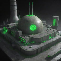 Visualize the most advanced technology in a nuclearpunk world. It would be a colossal nuclear reactor, glowing green with nuclear energy. Elements include concrete structures, pulsating isotopes, complex control systems, and heavy protective shielding to contain the radioactive materials.