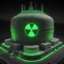 Visualize the most advanced technology in a nuclearpunk world. It would be a colossal nuclear reactor, glowing green with nuclear energy. Elements include concrete structures, pulsating isotopes, complex control systems, and heavy protective shielding to contain the radioactive materials.