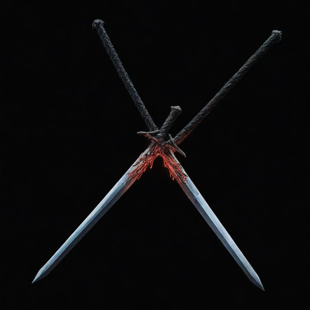 On a pitch black background, two shining Nichirin swords cross to form an 'X'. Centered within the intersection is the script 'Demon Slayer', vibrant and bold.