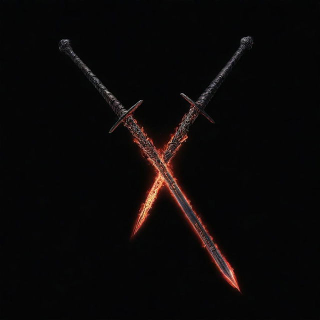 On a pitch black background, two shining Nichirin swords cross to form an 'X'. Centered within the intersection is the script 'Demon Slayer', vibrant and bold.