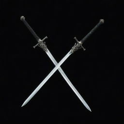 On a pitch black background, two shining Nichirin swords cross to form an 'X'. Centered within the intersection is the script 'Demon Slayer', vibrant and bold.