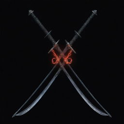 On a pitch black background, two shining Nichirin swords cross to form an 'X'. Centered within the intersection is the script 'Demon Slayer', vibrant and bold.