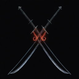 On a pitch black background, two shining Nichirin swords cross to form an 'X'. Centered within the intersection is the script 'Demon Slayer', vibrant and bold.