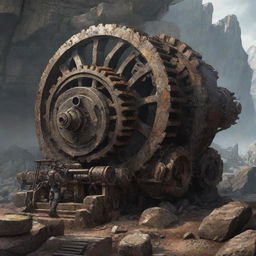 Illustrate the most advanced technology in a rockypunk universe. It could be a massive stone-cutting machine, powered by ingenious systems of gears and pulleys, carving intricate structures directly into the rocky terrain.