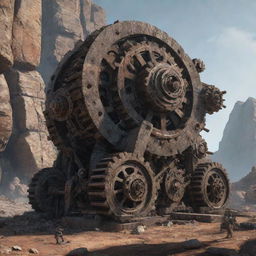 Illustrate the most advanced technology in a rockypunk universe. It could be a massive stone-cutting machine, powered by ingenious systems of gears and pulleys, carving intricate structures directly into the rocky terrain.