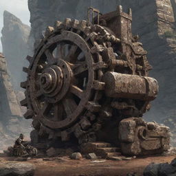 Illustrate the most advanced technology in a rockypunk universe. It could be a massive stone-cutting machine, powered by ingenious systems of gears and pulleys, carving intricate structures directly into the rocky terrain.