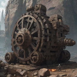 Illustrate the most advanced technology in a rockypunk universe. It could be a massive stone-cutting machine, powered by ingenious systems of gears and pulleys, carving intricate structures directly into the rocky terrain.