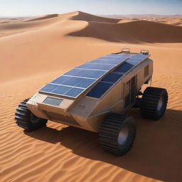 Render the most advanced technology in a desertpunk world. It could be a solar-powered sand crawler vehicle, festooned with heat dissipation fins, an ingenious cooling system, and a navigation array capable of traversing dunes.