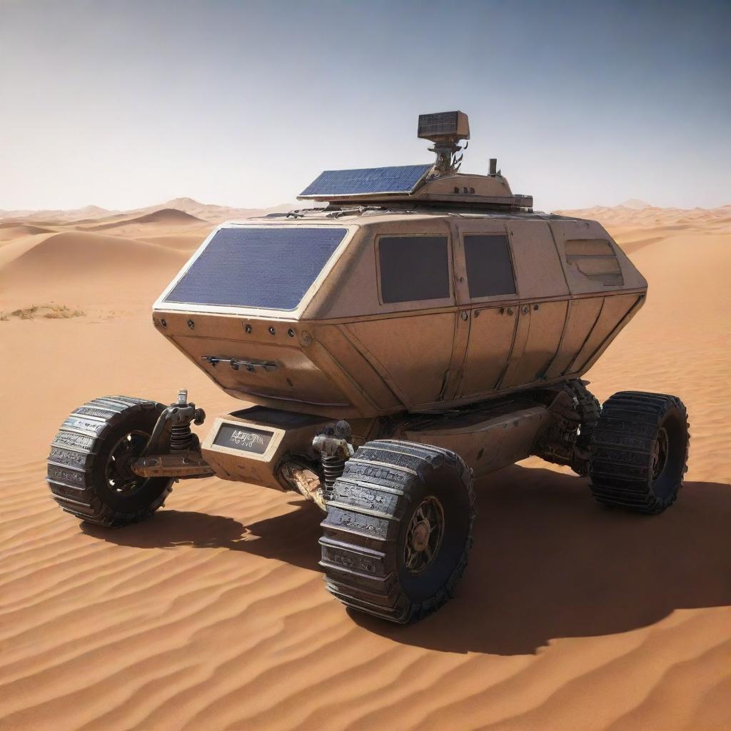 Render the most advanced technology in a desertpunk world. It could be a solar-powered sand crawler vehicle, festooned with heat dissipation fins, an ingenious cooling system, and a navigation array capable of traversing dunes.