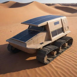 Render the most advanced technology in a desertpunk world. It could be a solar-powered sand crawler vehicle, festooned with heat dissipation fins, an ingenious cooling system, and a navigation array capable of traversing dunes.