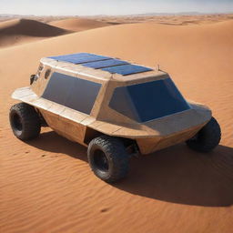 Render the most advanced technology in a desertpunk world. It could be a solar-powered sand crawler vehicle, festooned with heat dissipation fins, an ingenious cooling system, and a navigation array capable of traversing dunes.