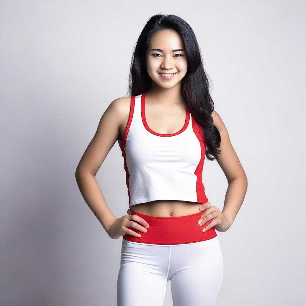 Generate an image of a 20 year old Asian female wearing white leggings and a tight red tank top