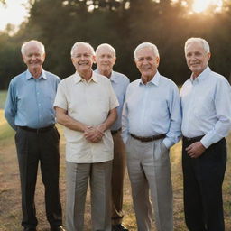 Portrait of a group of elderly men, exhibiting wisdom and experience, gathered in an outdoor setting during the golden hour.