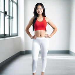 Generate an image of a 20 year old Asian female wearing white leggings and a tight red tank top