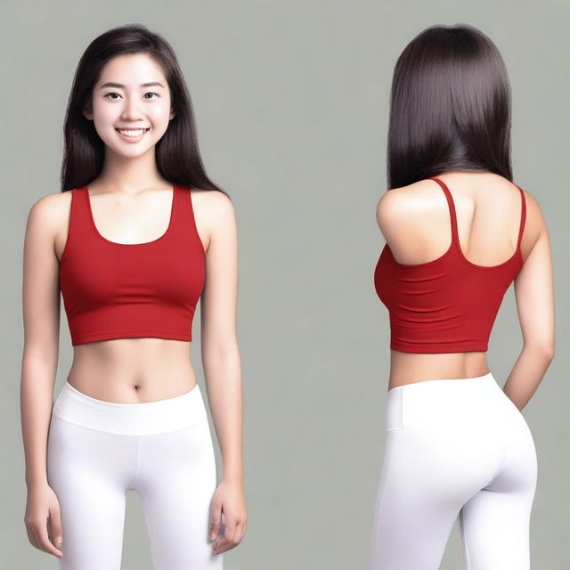 Generate an image of a 20 year old Asian female wearing white leggings and a tight red tank top