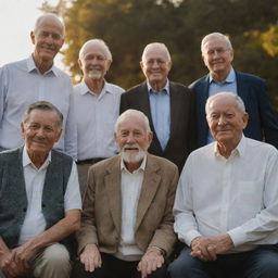 Portrait of a group of elderly men, exhibiting wisdom and experience, gathered in an outdoor setting during the golden hour.