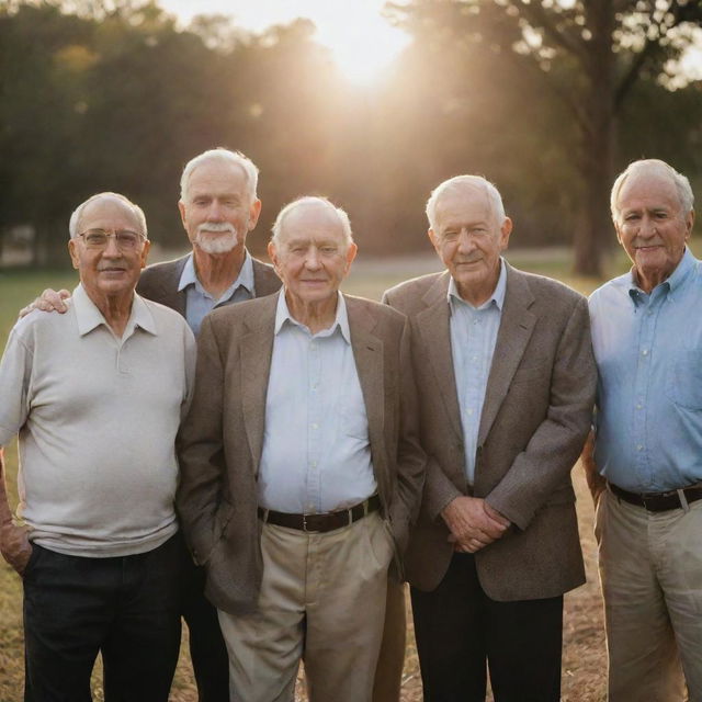 Portrait of a group of elderly men, exhibiting wisdom and experience, gathered in an outdoor setting during the golden hour.