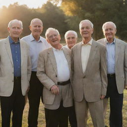 Portrait of a group of elderly men, exhibiting wisdom and experience, gathered in an outdoor setting during the golden hour.