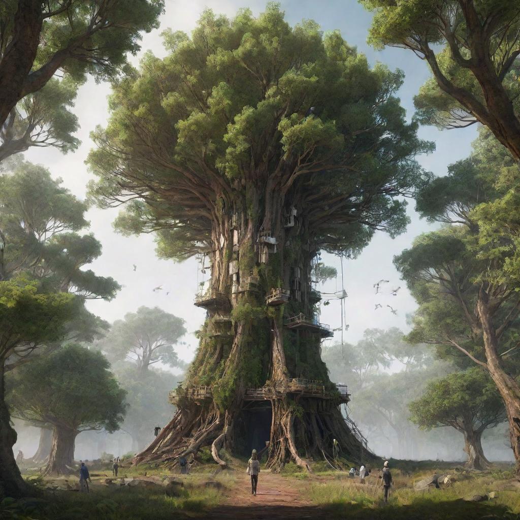 Create an image showcasing the most advanced technology in a forestpunk world. Envision a towering tree-like structure that controls the local ecosystem. It uses bioengineering to manipulate flora and fauna, featuring quirky wooden interfaces and a mesh of roots symbolising its neural network.