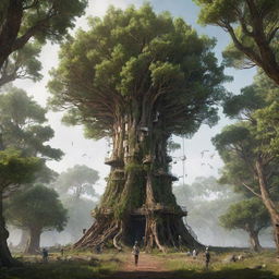 Create an image showcasing the most advanced technology in a forestpunk world. Envision a towering tree-like structure that controls the local ecosystem. It uses bioengineering to manipulate flora and fauna, featuring quirky wooden interfaces and a mesh of roots symbolising its neural network.