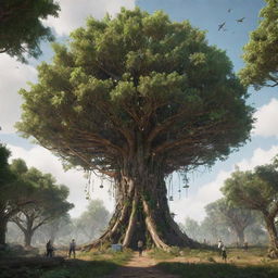 Create an image showcasing the most advanced technology in a forestpunk world. Envision a towering tree-like structure that controls the local ecosystem. It uses bioengineering to manipulate flora and fauna, featuring quirky wooden interfaces and a mesh of roots symbolising its neural network.