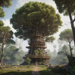 Create an image showcasing the most advanced technology in a forestpunk world. Envision a towering tree-like structure that controls the local ecosystem. It uses bioengineering to manipulate flora and fauna, featuring quirky wooden interfaces and a mesh of roots symbolising its neural network.