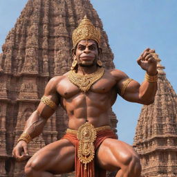 An artistic representation of Hanuman Ji, the Hindu god known for his strength and devotion, posed heroically against a backdrop of an ancient Indian temple.