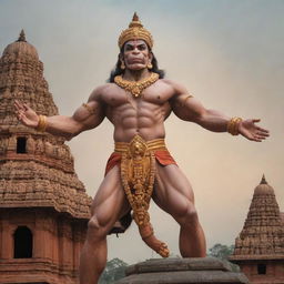 An artistic representation of Hanuman Ji, the Hindu god known for his strength and devotion, posed heroically against a backdrop of an ancient Indian temple.