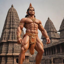 An artistic representation of Hanuman Ji, the Hindu god known for his strength and devotion, posed heroically against a backdrop of an ancient Indian temple.